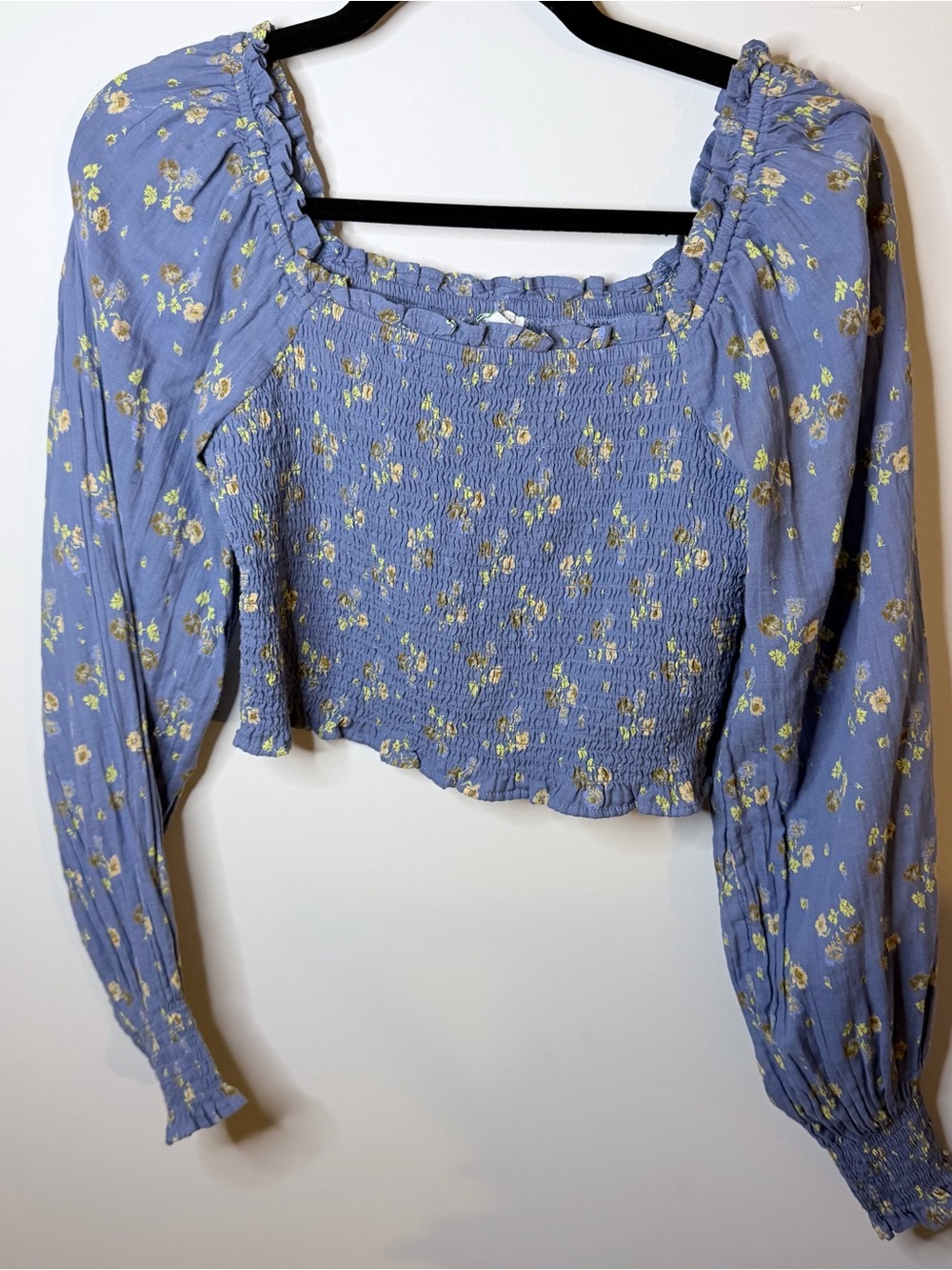 aerie Lavender Blue Smocked Floral Square-Neck Crop Top